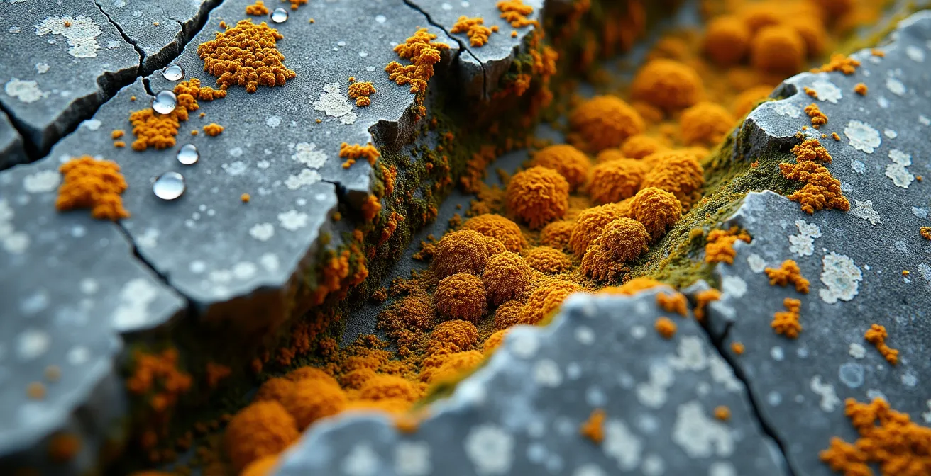 Gros plan macro sur la texture du granite du Bouclier Canadien avec mousse et lichens