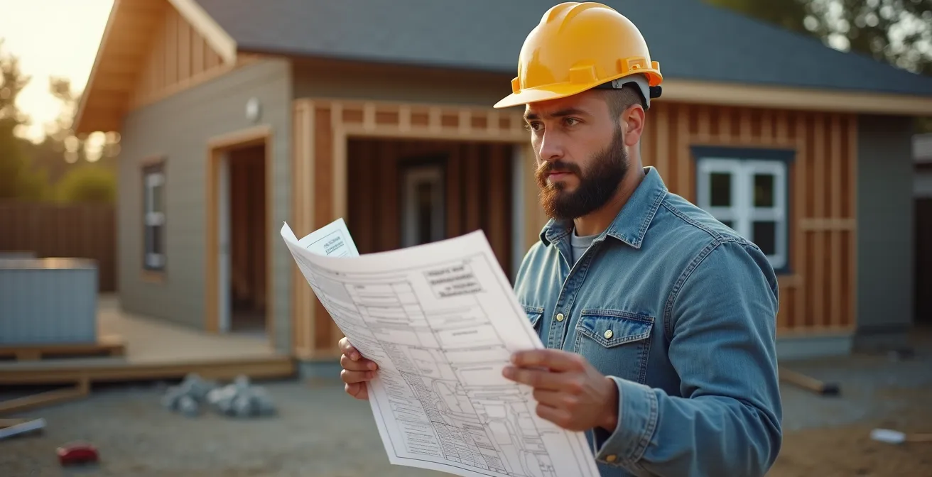 Chantier de construction résidentiel avec ruban de sécurité et avis d'arrêt des travaux