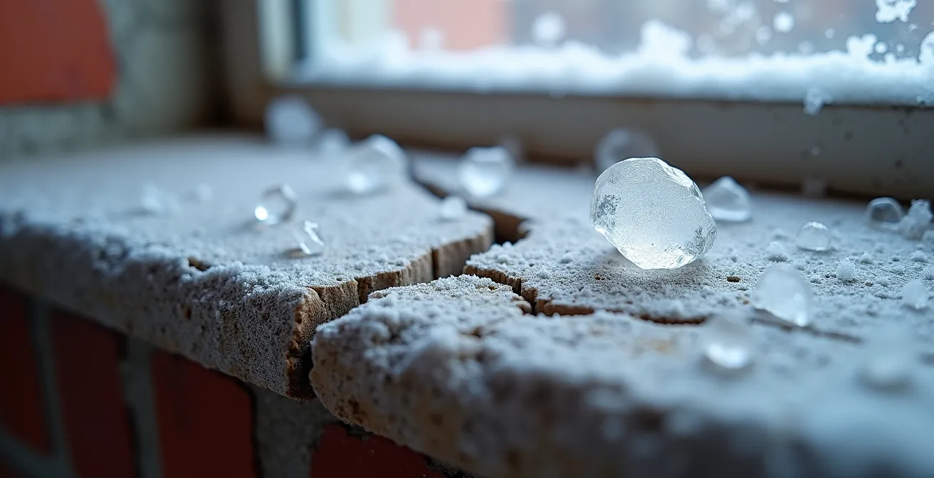 Gros plan sur une allège de fenêtre en pierre avec fissure visible et traces d'infiltration d'eau