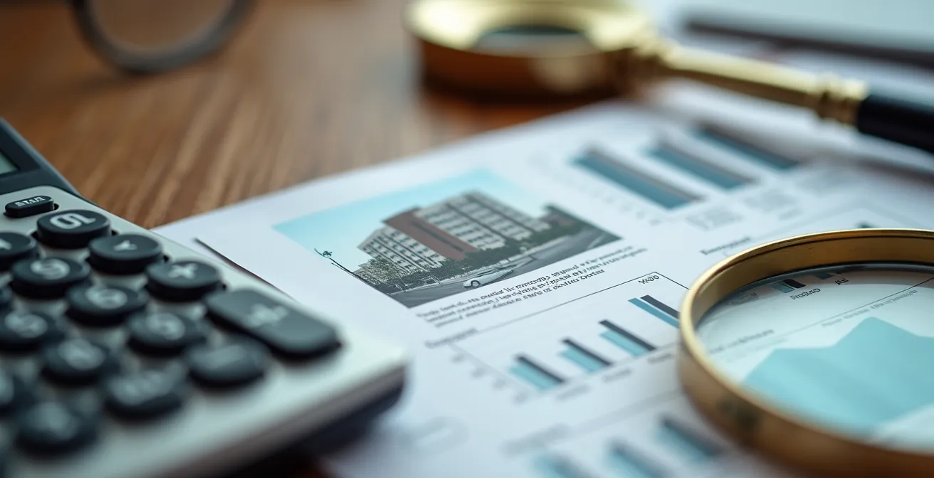 Bureau avec documents d'analyse comparative d'immeubles, calculatrice et rapport d'inspection étalés sur une table