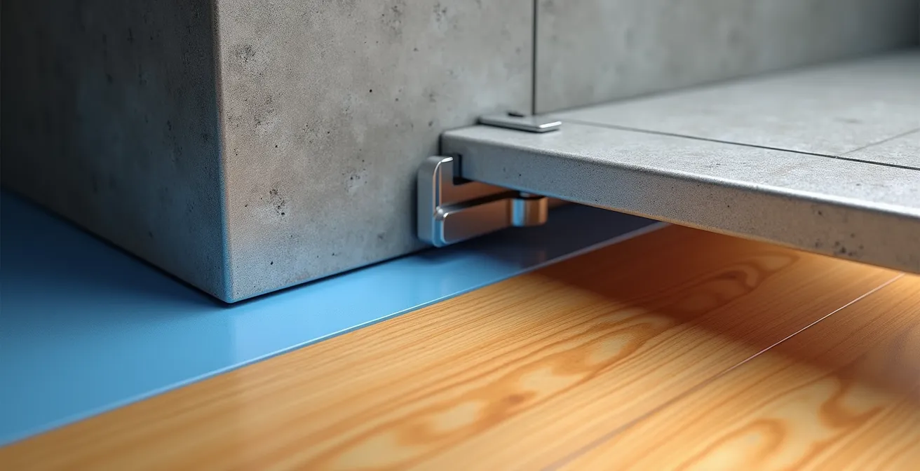 Vue détaillée d'un système d'ancrage avec isolation thermique entre le limon d'acier et la dalle de béton