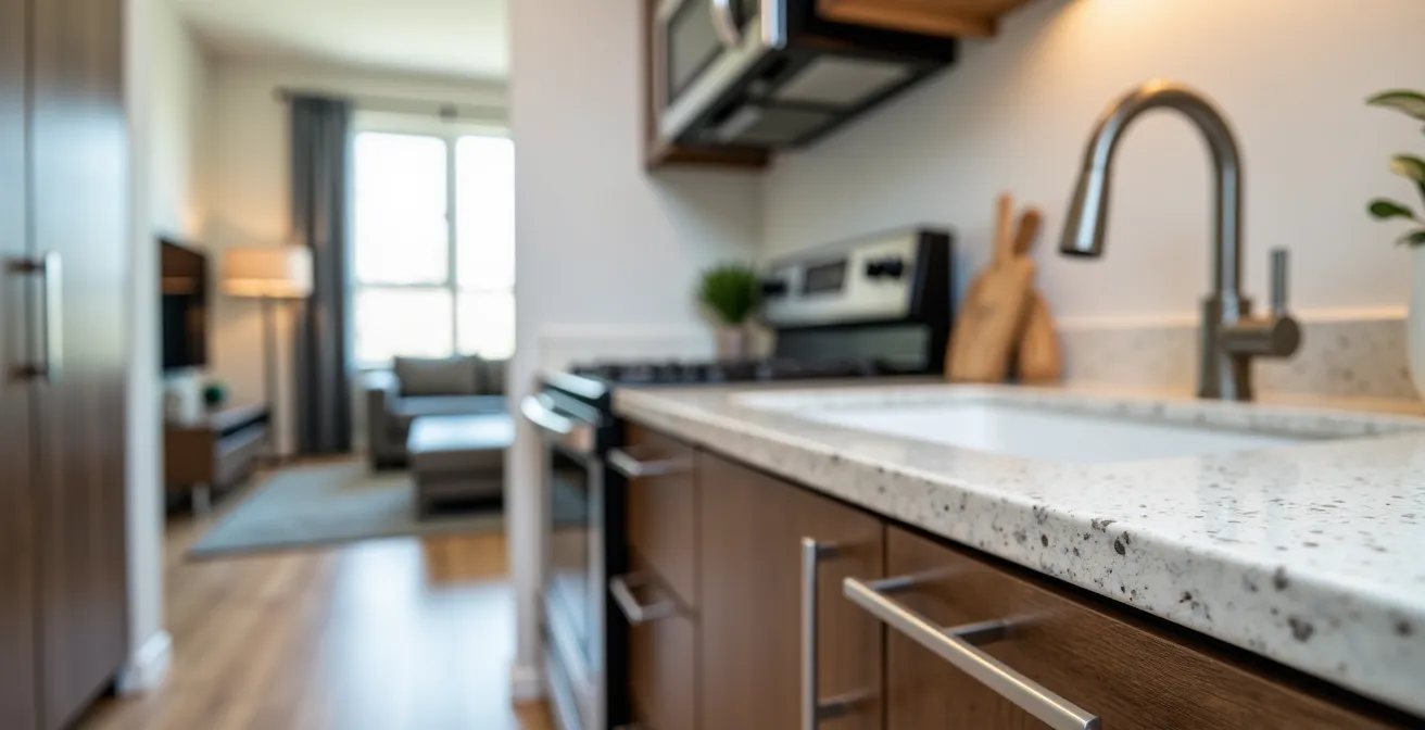 Intérieur d'appartement locatif moderne avec thermopompe et espace laveuse-sécheuse intégré