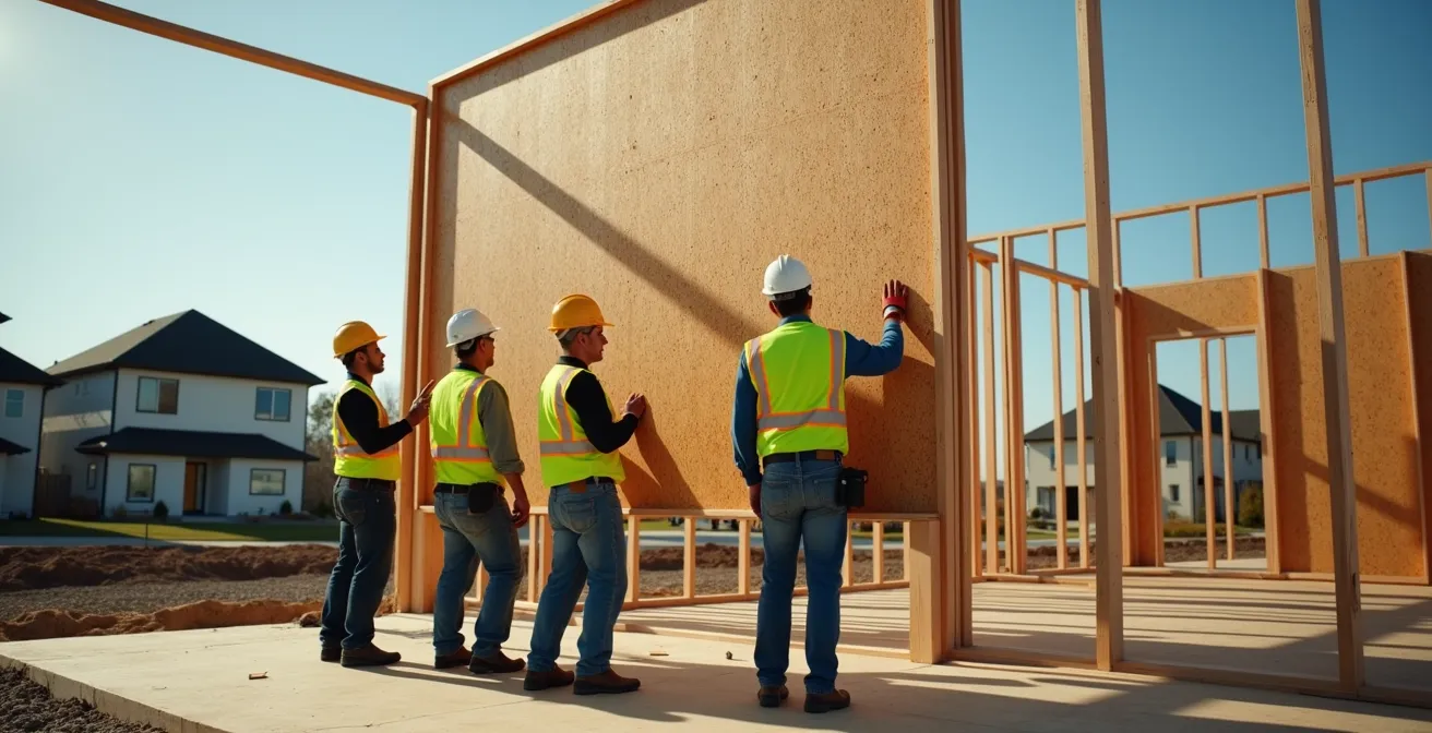 Charpentiers installant des murs préfabriqués en ossature bois avec système de contreventement temporaire sur un chantier résidentiel