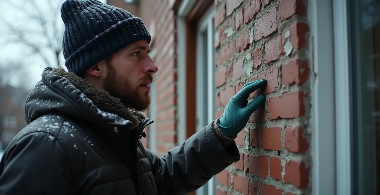 Mur de briques avec peinture écaillée révélant les dommages causés par le gel