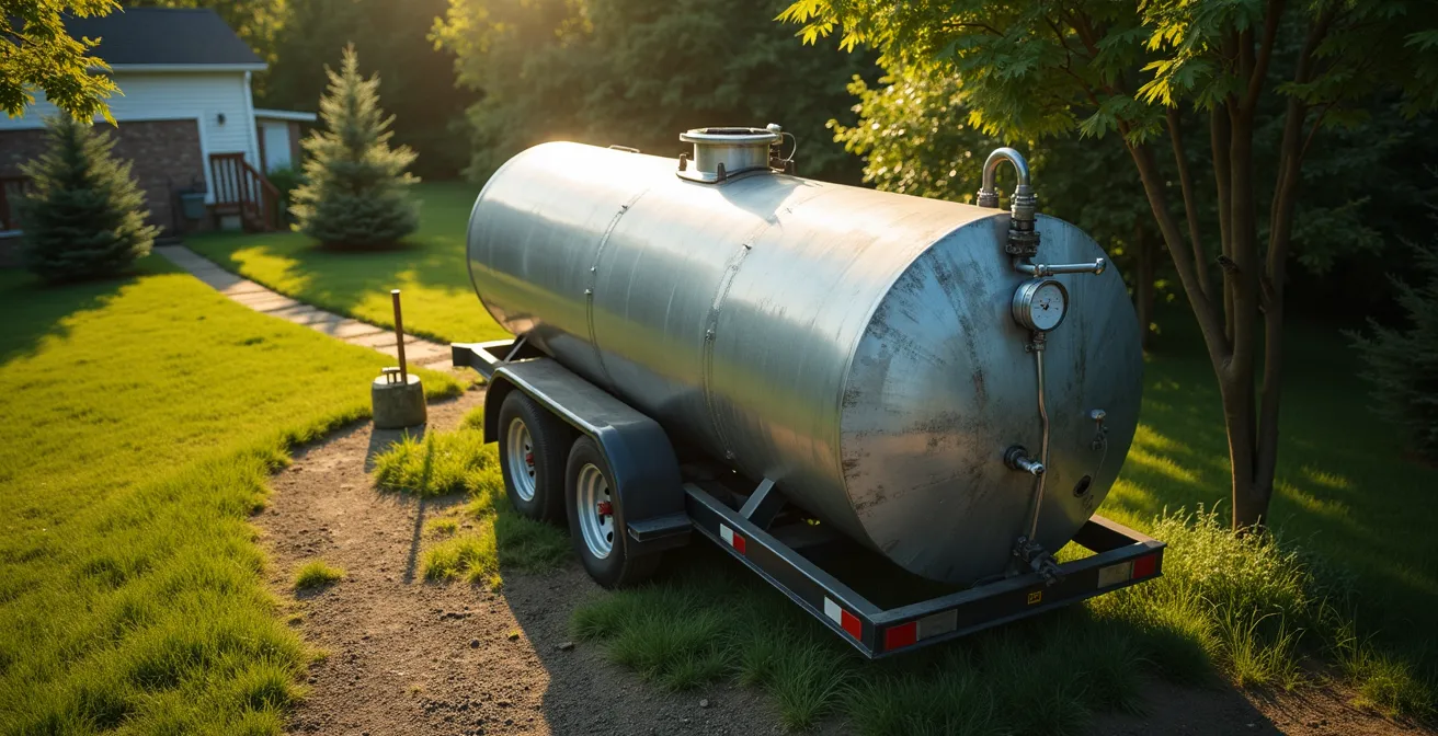 Vue aérienne d'un réservoir de mazout résidentiel en été avec indicateur de niveau