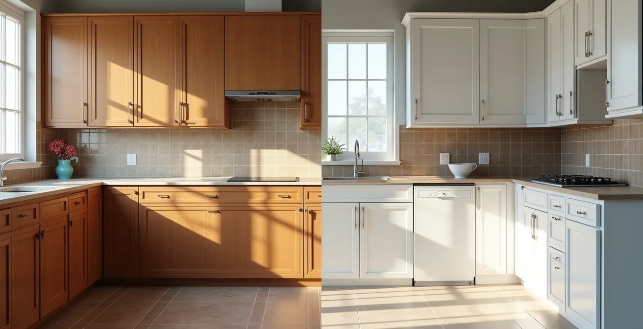 Comparaison visuelle de finitions datées versus modernes dans une cuisine québécoise