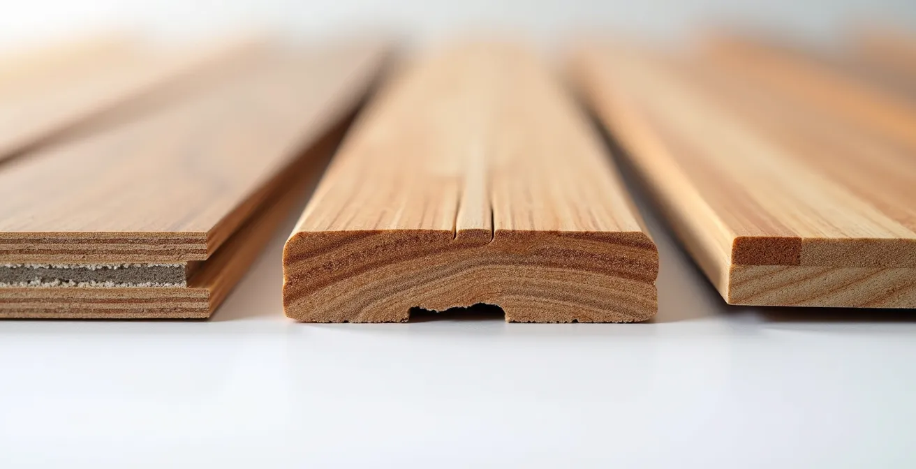 Vue macro en coupe transversale comparant trois épaisseurs de planchers : 8mm, 12mm et bois franc