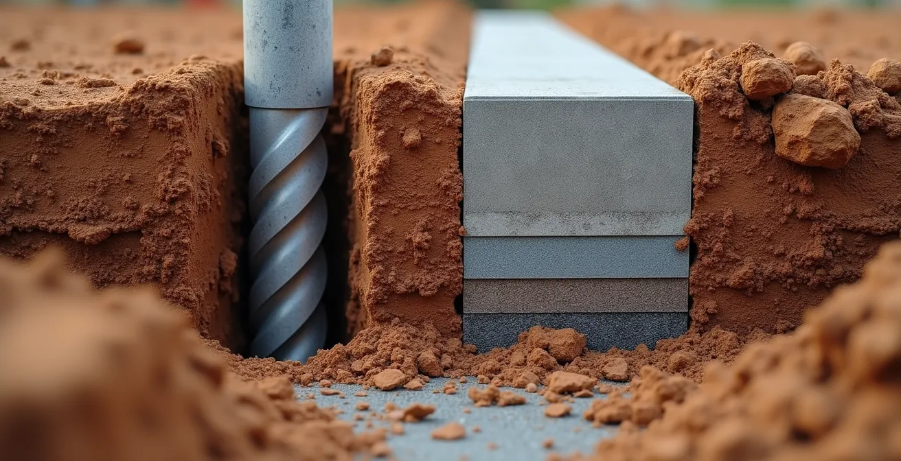 Coupe transversale technique montrant l'installation de pieux vissés versus caissons de béton dans l'argile de Leda