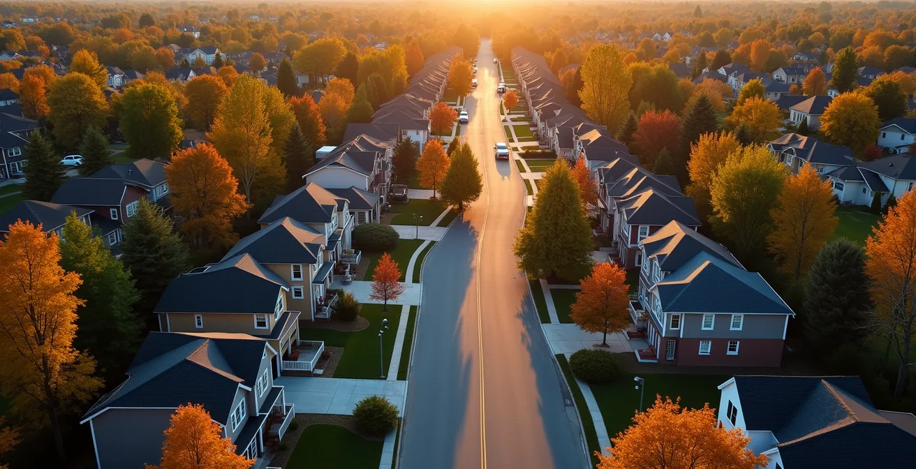 Vue aérienne d'un quartier résidentiel québécois montrant une maison agrandie parmi des maisons de taille standard