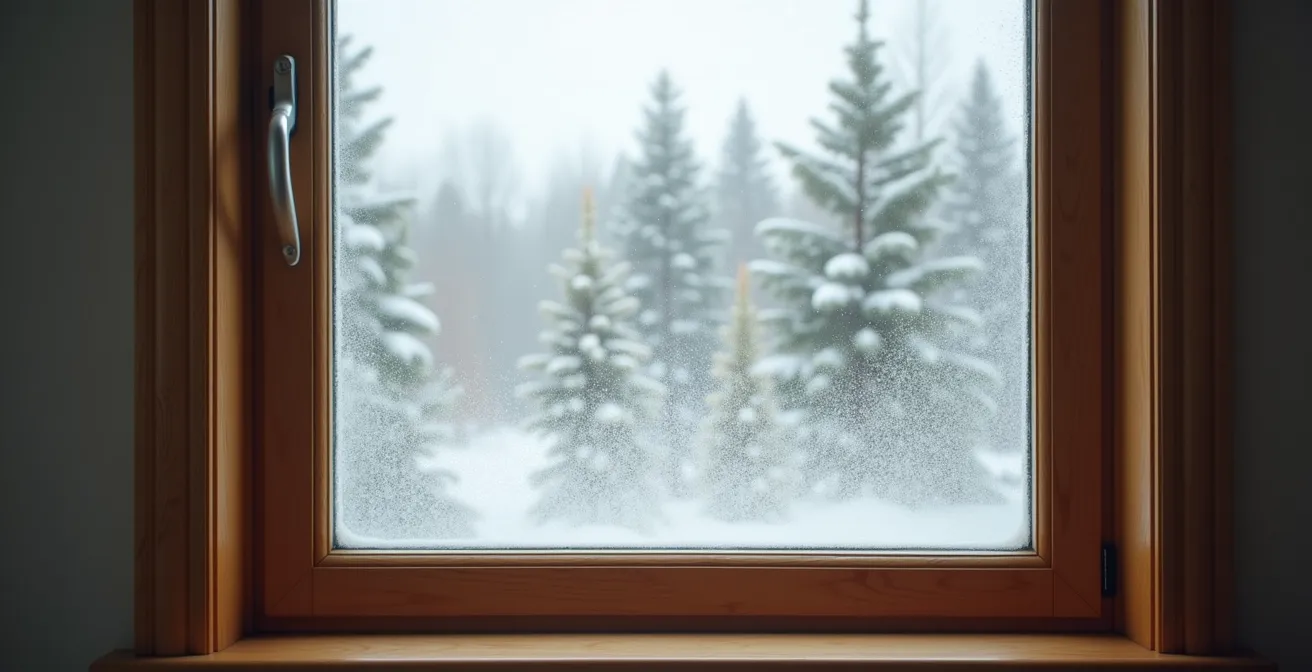 Fenêtre avec condensation visible entre les vitres montrant une défaillance de l'intercalaire