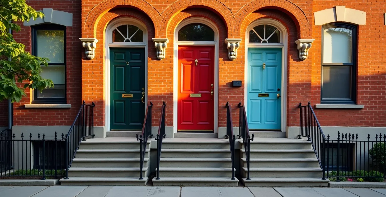 Façade d'un triplex montréalais typique avec escaliers extérieurs en fer forgé