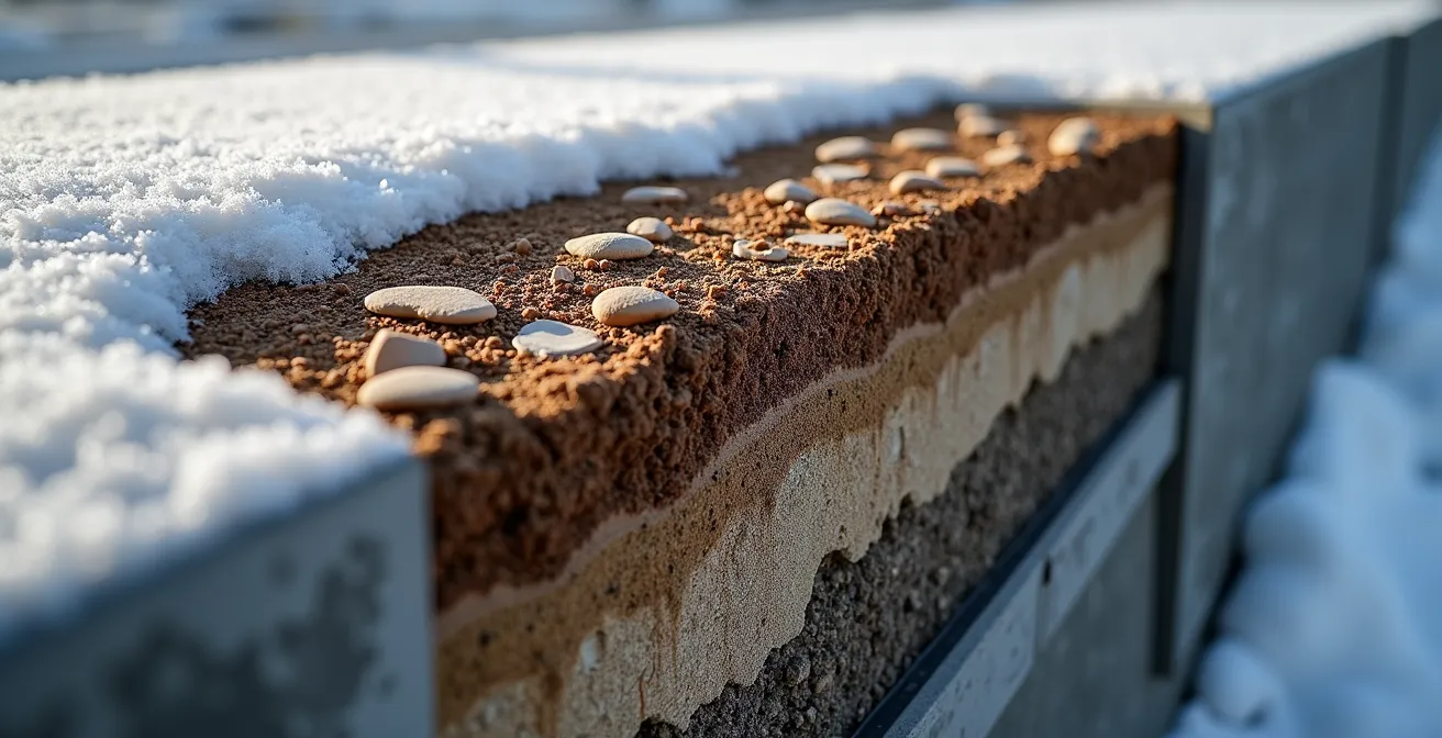 Vue en coupe d'un mur de soutènement montrant le système de drainage et la fondation sous la ligne de gel