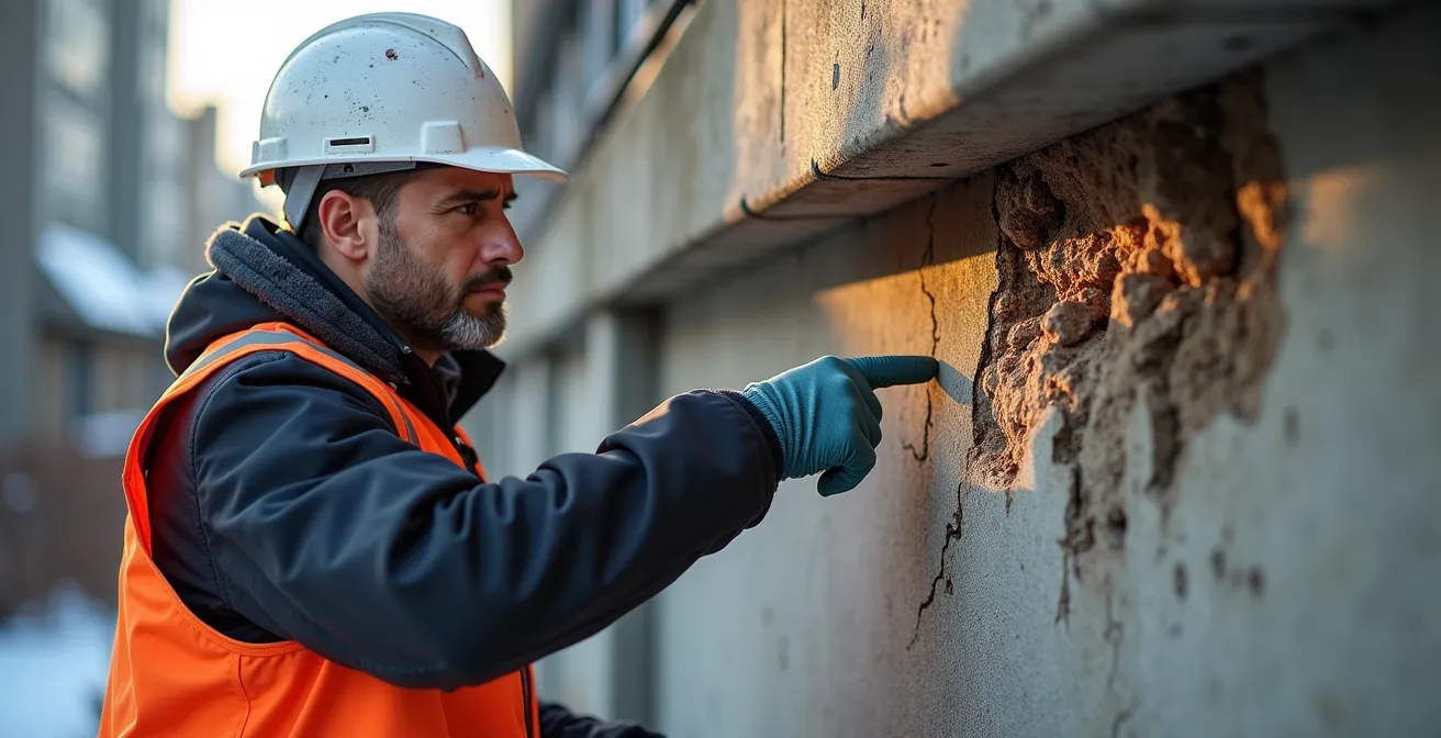 Détail de l'éclatement du béton révélant une armature corrodée sur un balcon