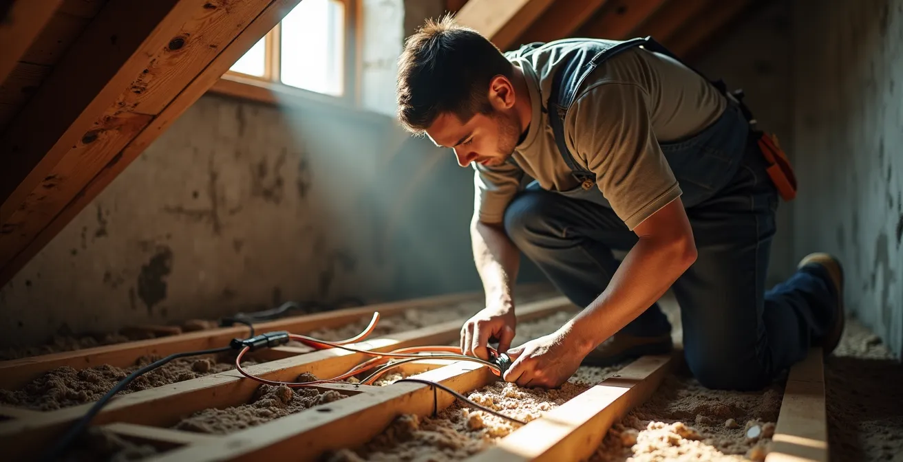 Électricien installant un nouveau câblage électrique dans les solives d'un sous-sol québécois
