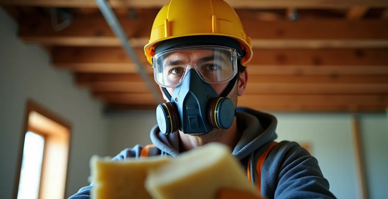 Portrait d'un travailleur équipé d'un respirateur N95, de lunettes de protection et de gants, tenant un rouleau de laine minérale