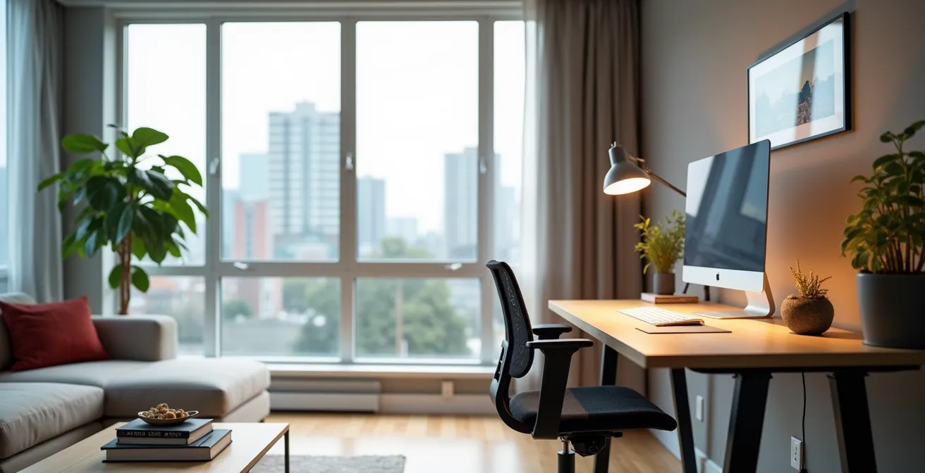 Espace de télétravail aménagé avec bureau ergonomique dans un appartement lumineux avec vue sur la ville