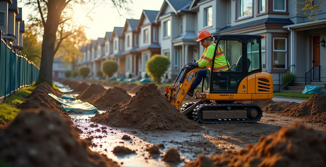 Chantier d'excavation résidentiel en milieu urbain dense avec mesures de protection du terrain