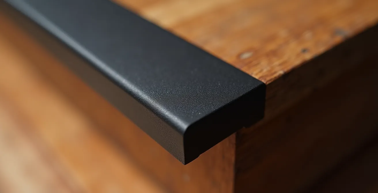 Gros plan sur la texture d'un limon d'escalier en acier avec finition noire mate poudrée