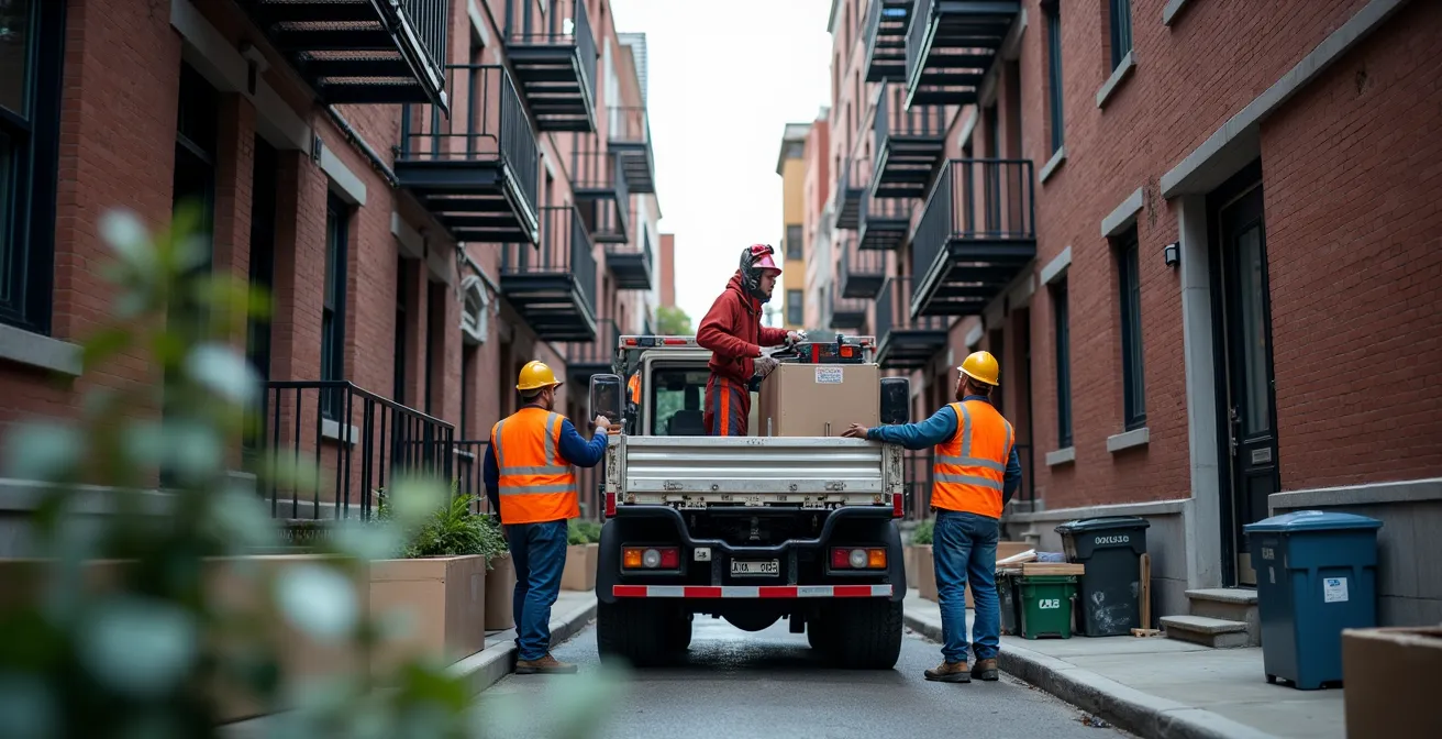 Camion de livraison manœuvrant habilement dans une ruelle étroite de Montréal avec système de grue compacte