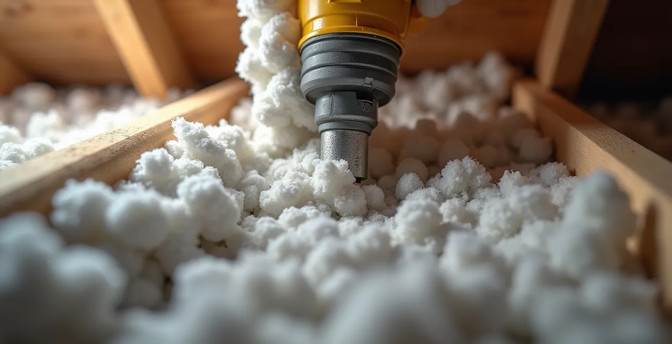 Injection de cellulose isolante dans un plafond de triplex montréalais