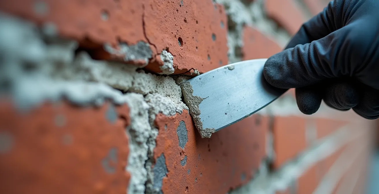 Gros plan sur une main gantée inspectant un joint de scellant dégradé sur un mur de briques montrant des signes d'efflorescence blanche après l'hiver québécois