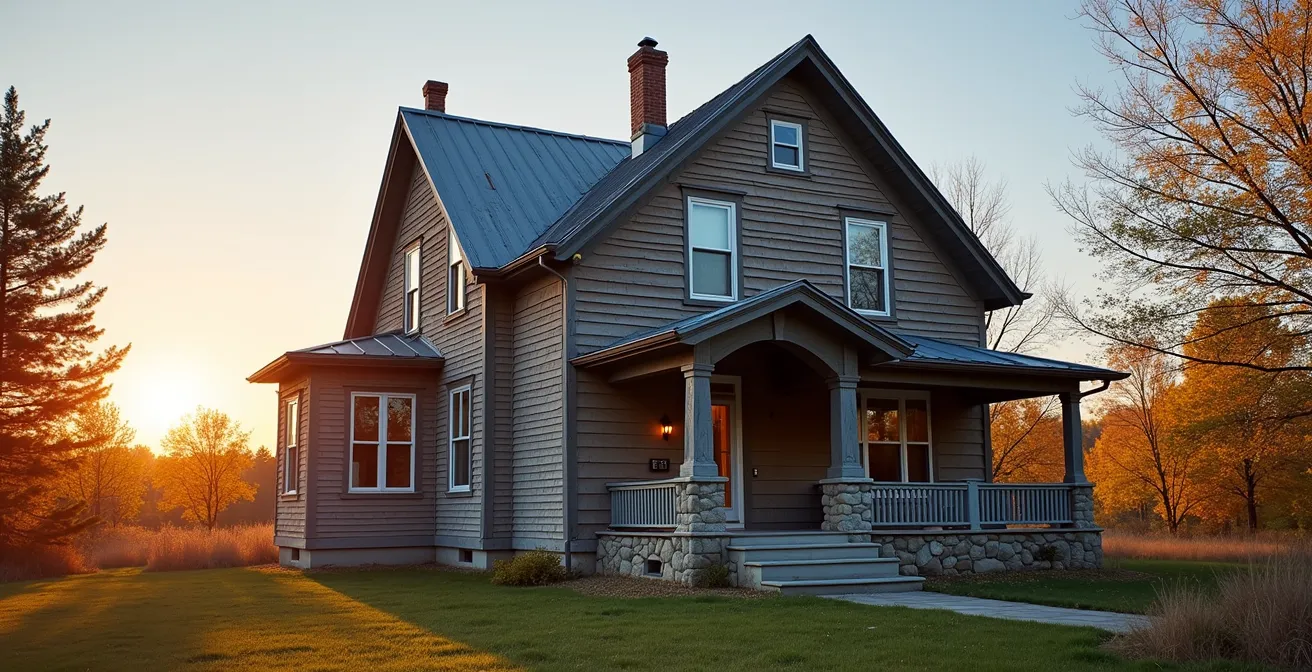 Vue d'ensemble d'une maison centenaire québécoise montrant les éléments structurels à inspecter