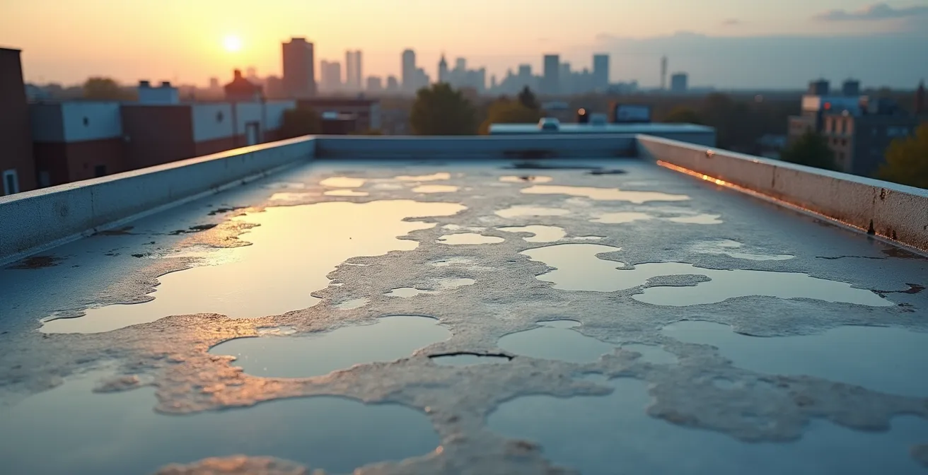 Vue aérienne d'un toit plat commercial montrant des flaques d'eau stagnante et des zones de membrane soulevée, avec l'horizon urbain québécois en arrière-plan