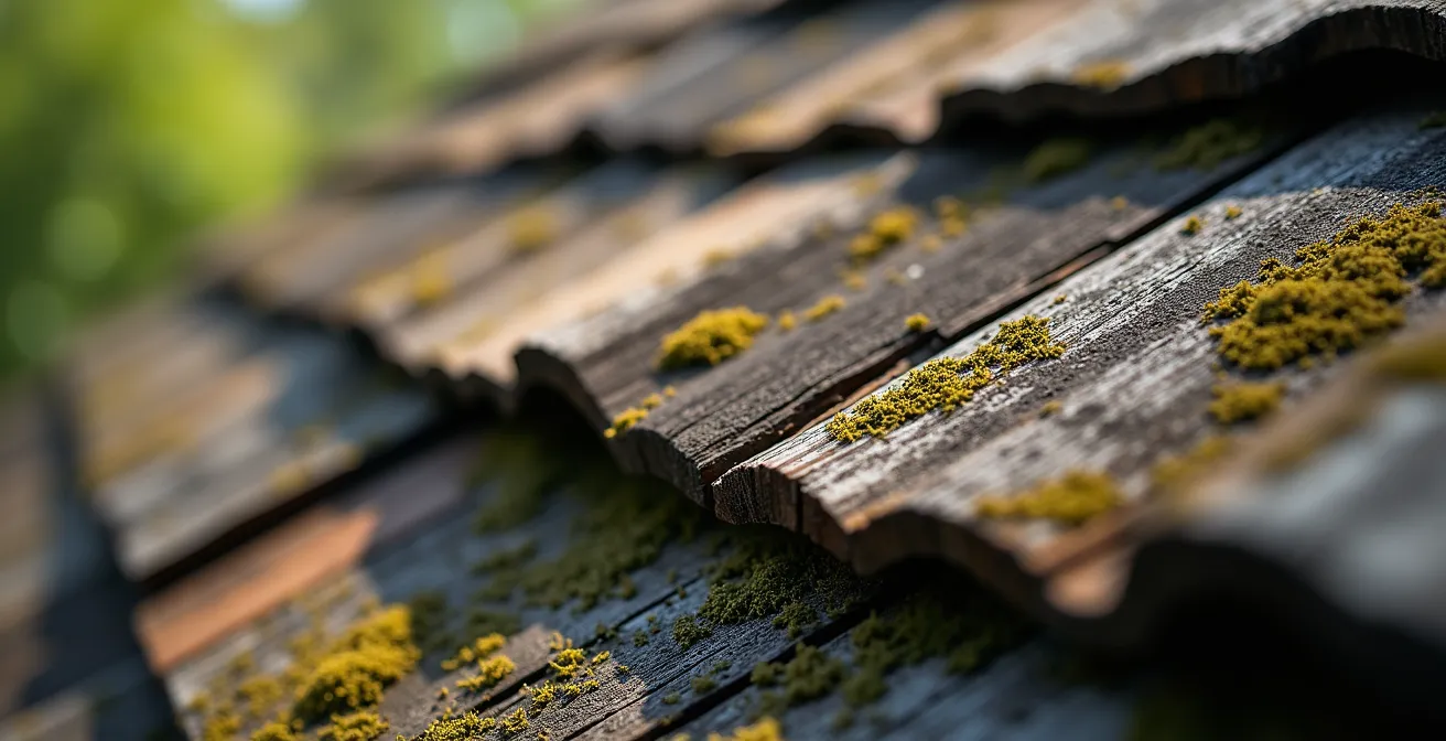 Vue détaillée d'une toiture centenaire montrant des signes d'usure et de détérioration