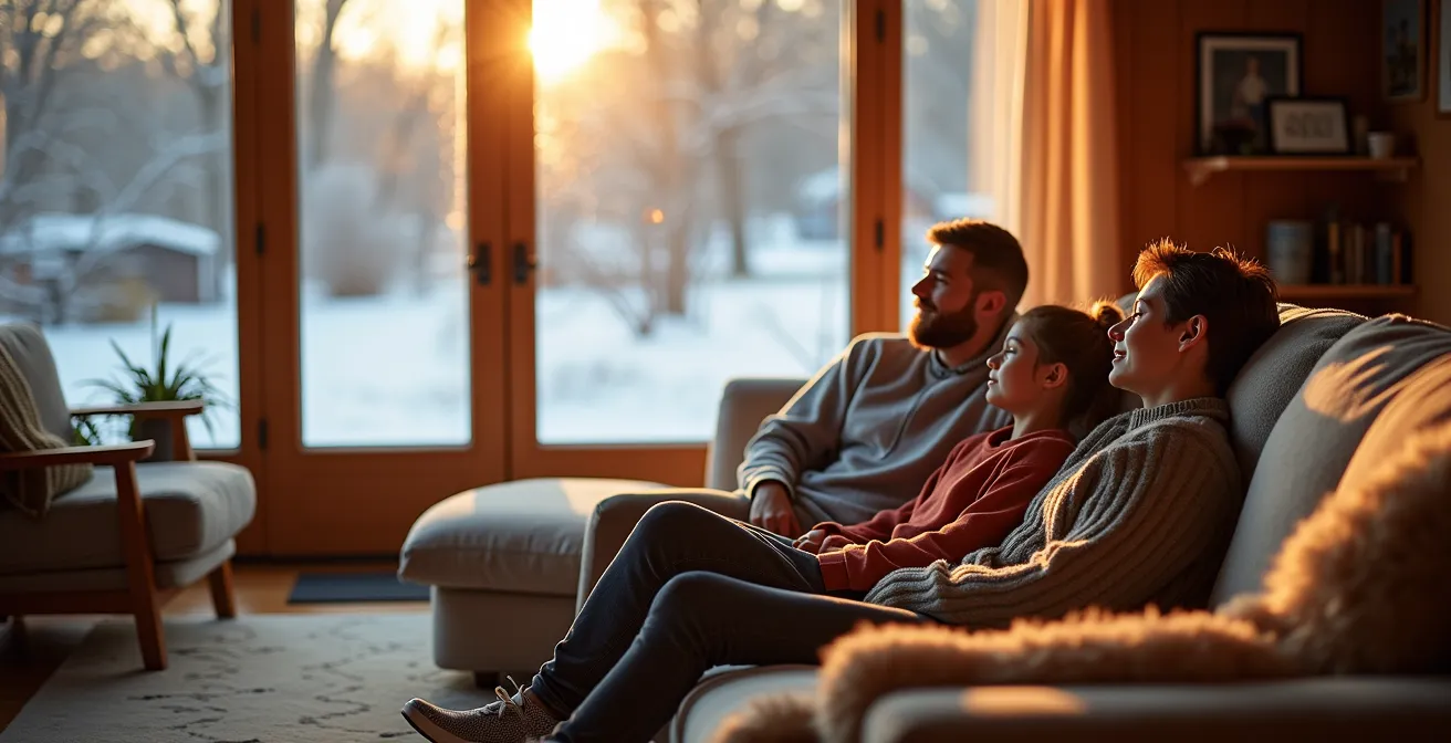 Intérieur chaleureux d'une maison passive en hiver avec famille confortable