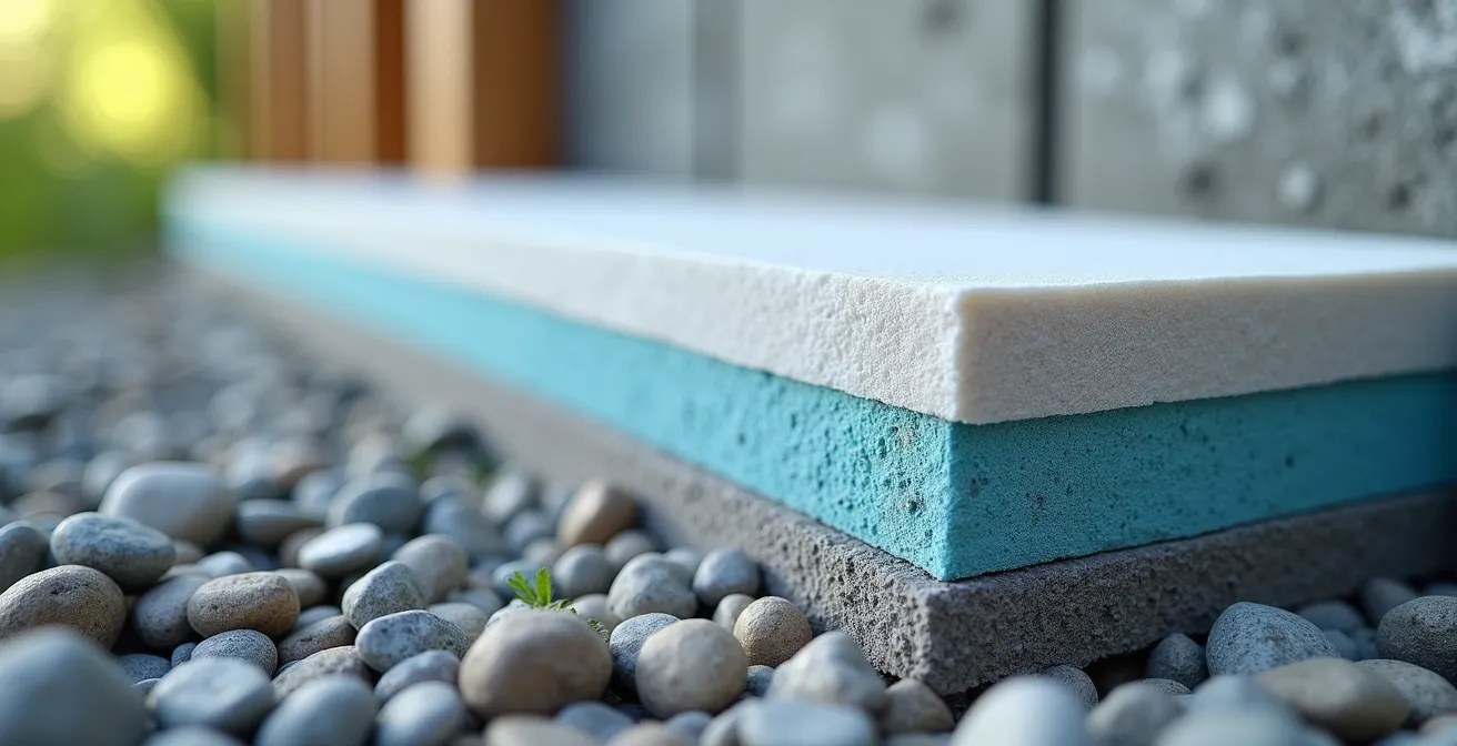 Coupe transversale montrant l'isolation sous dalle d'une maison passive avec différentes couches