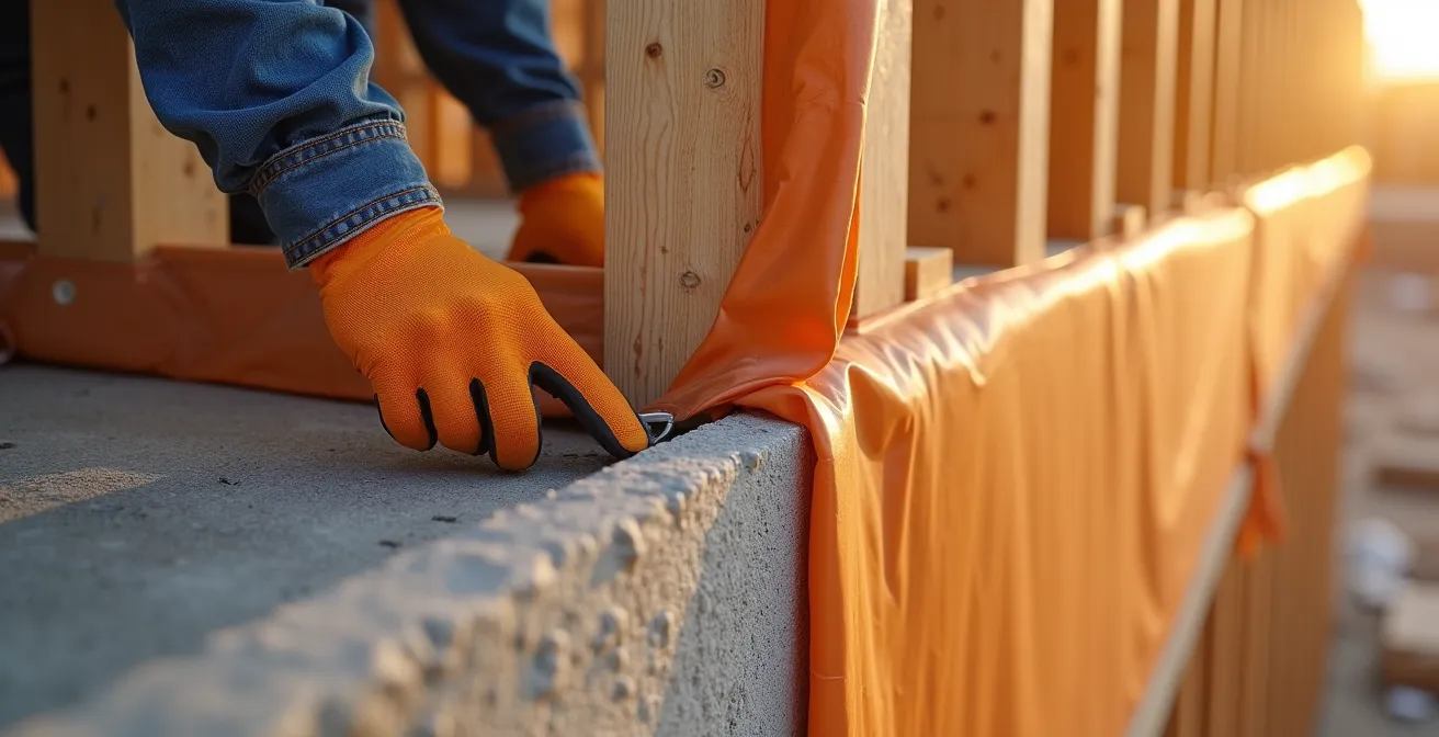 Détail de la jonction entre fondation et mur extérieur lors de l'installation d'un pare-air