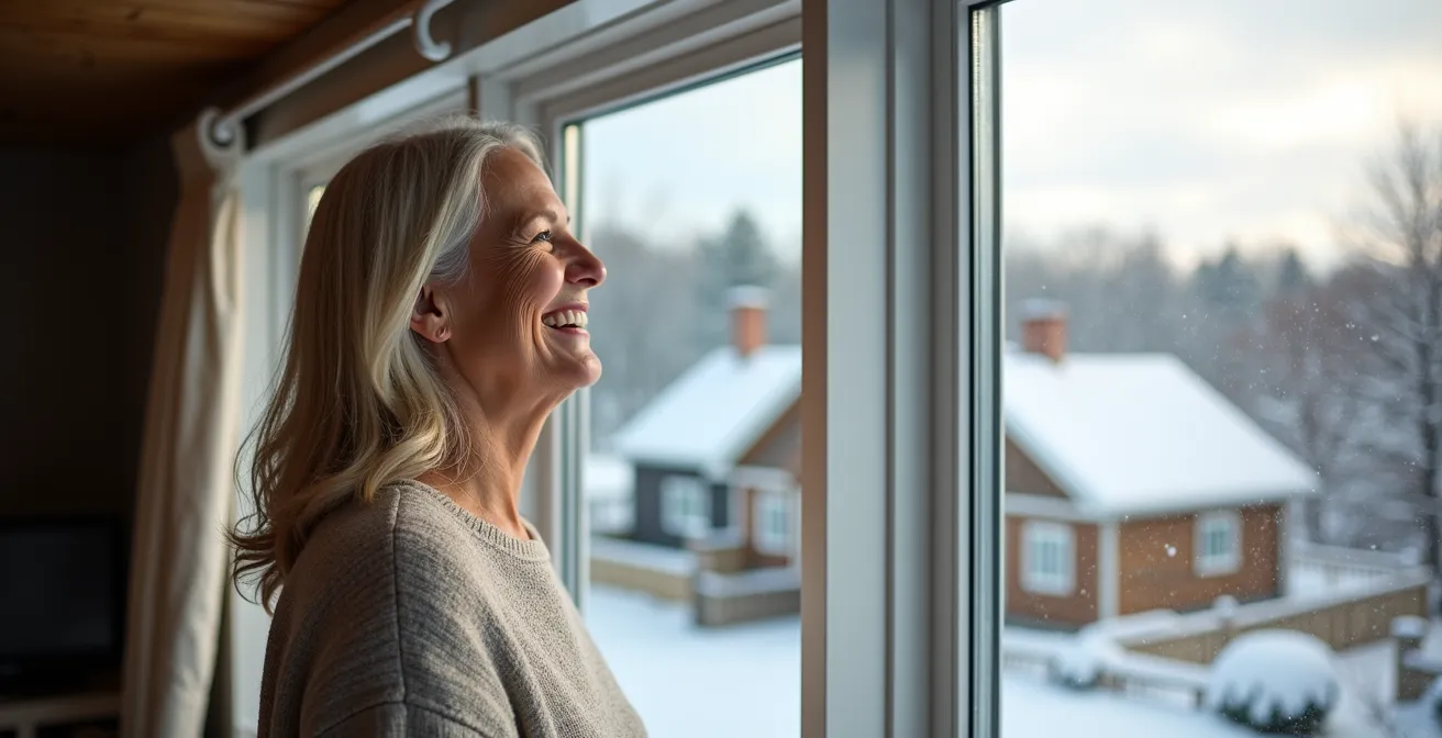 Maison passive québécoise en hiver montrant l'absence de ponts thermiques avec neige intacte sur le toit