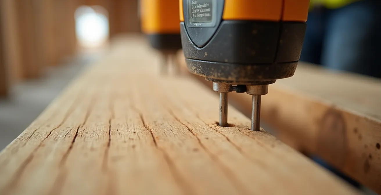 Technicien mesurant le taux d'humidité du bois de charpente avec un humidimètre à pointes sur un chantier de construction