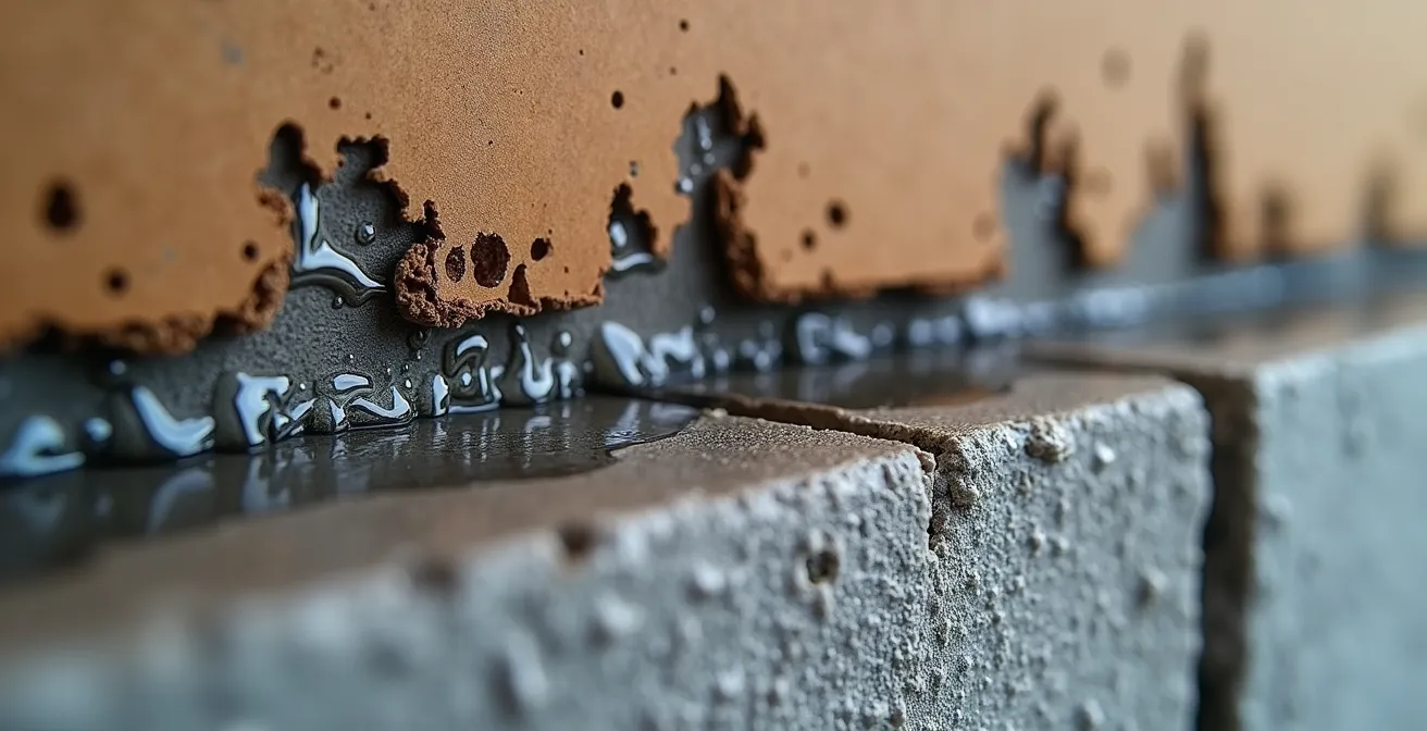 Vue macro de l'humidité migrant par capillarité dans le béton vers des boîtes en carton