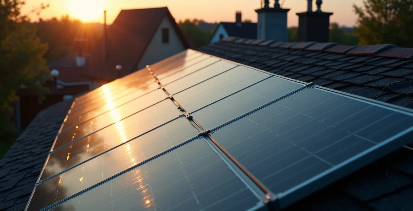 Vue aérienne montrant l'impact de l'ombre d'une cheminée sur un système de panneaux solaires