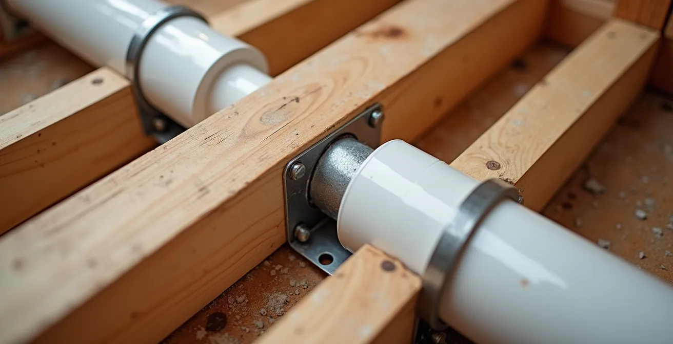 Vue en coupe montrant le passage correct d'un drain de 4 pouces entre deux solives de plancher sous un îlot
