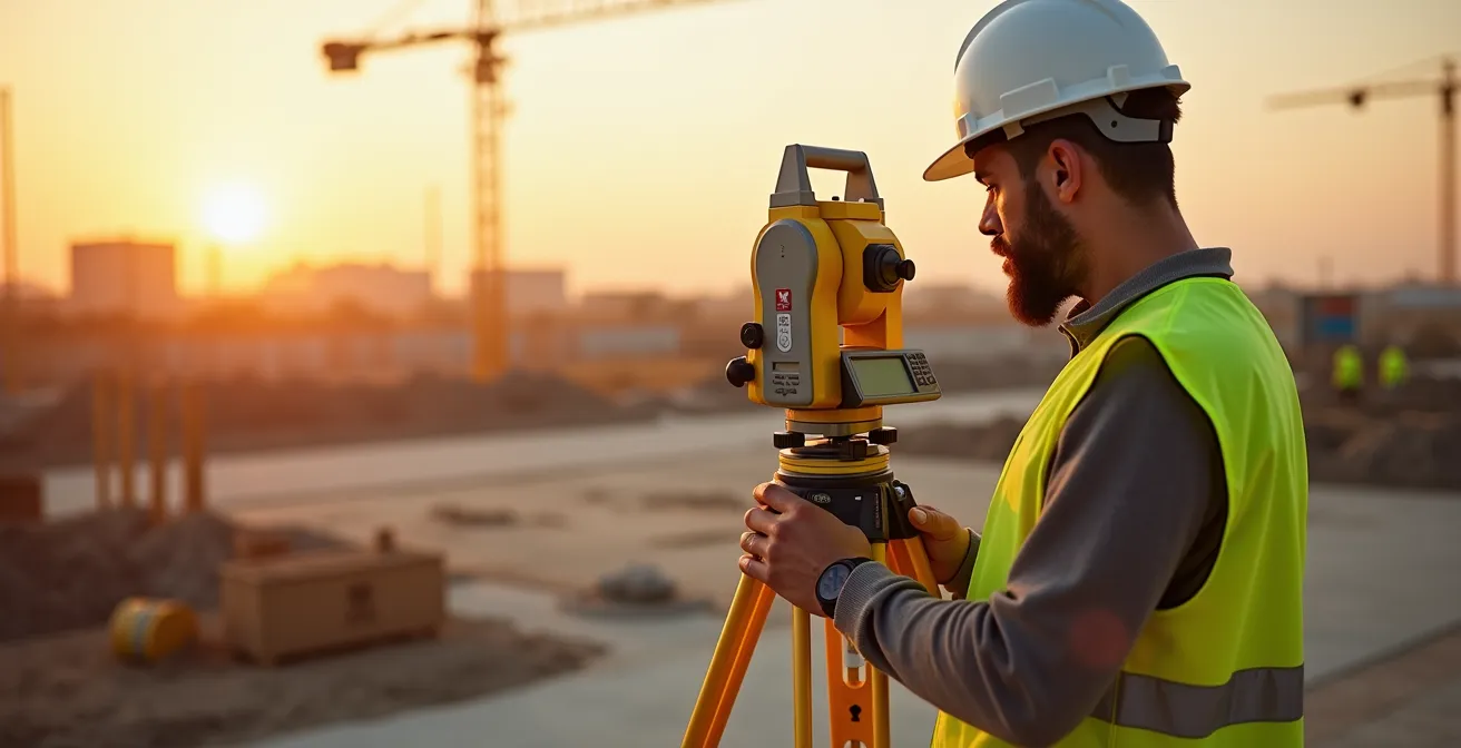 Arpenteur-géomètre effectuant un piquetage de terrain avec équipement professionnel pour garantir le respect des marges de recul