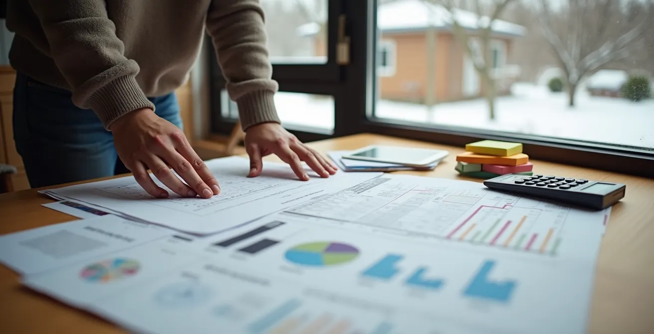 Table de travail avec rapport Rénoclimat flou, plans architecturaux et échantillons de matériaux isolants, éclairage naturel d'une fenêtre québécoise