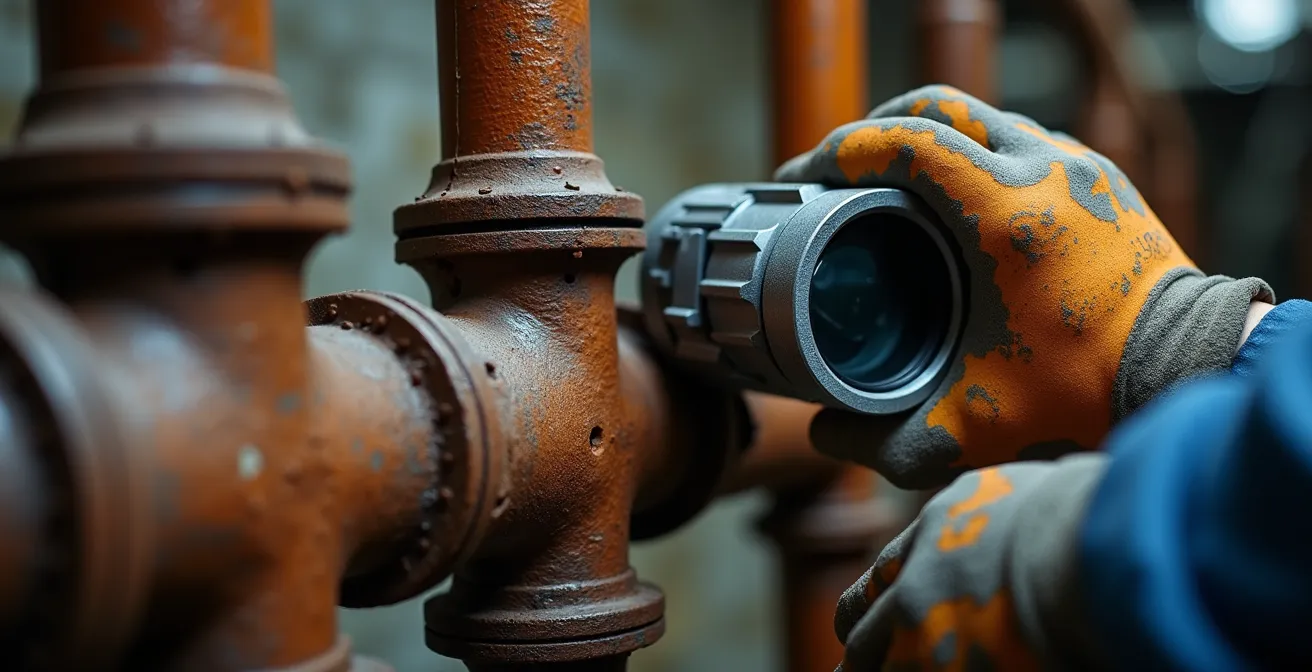 Plombier examinant des tuyaux de fonte anciens dans un sous-sol avec équipement moderne