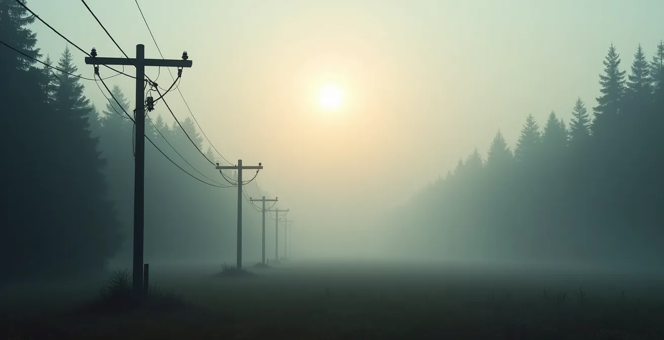 Vue latérale d'un poteau électrique d'Hydro-Québec avec lignes de distribution s'étendant vers une forêt dense