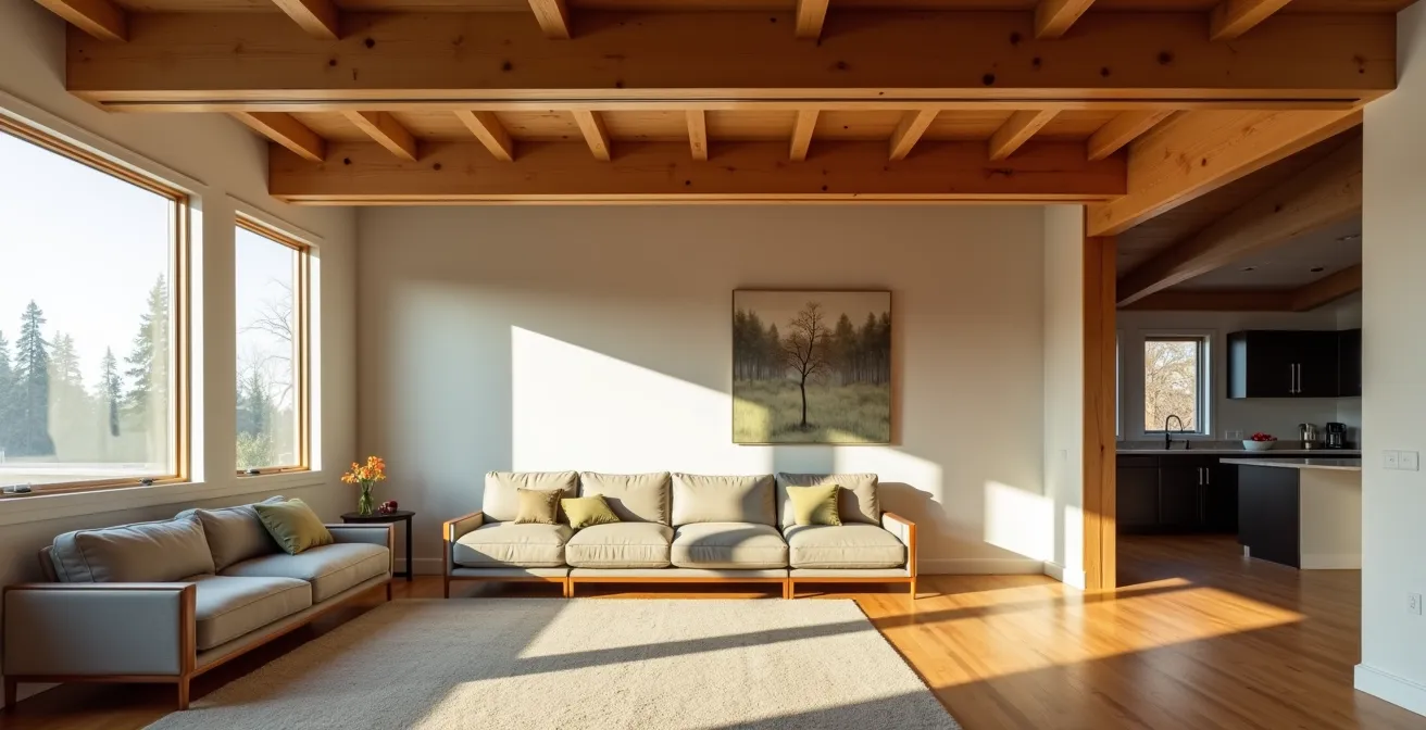 Intérieur de maison avec poutre apparente en bois lamellé créant un espace ouvert modulable