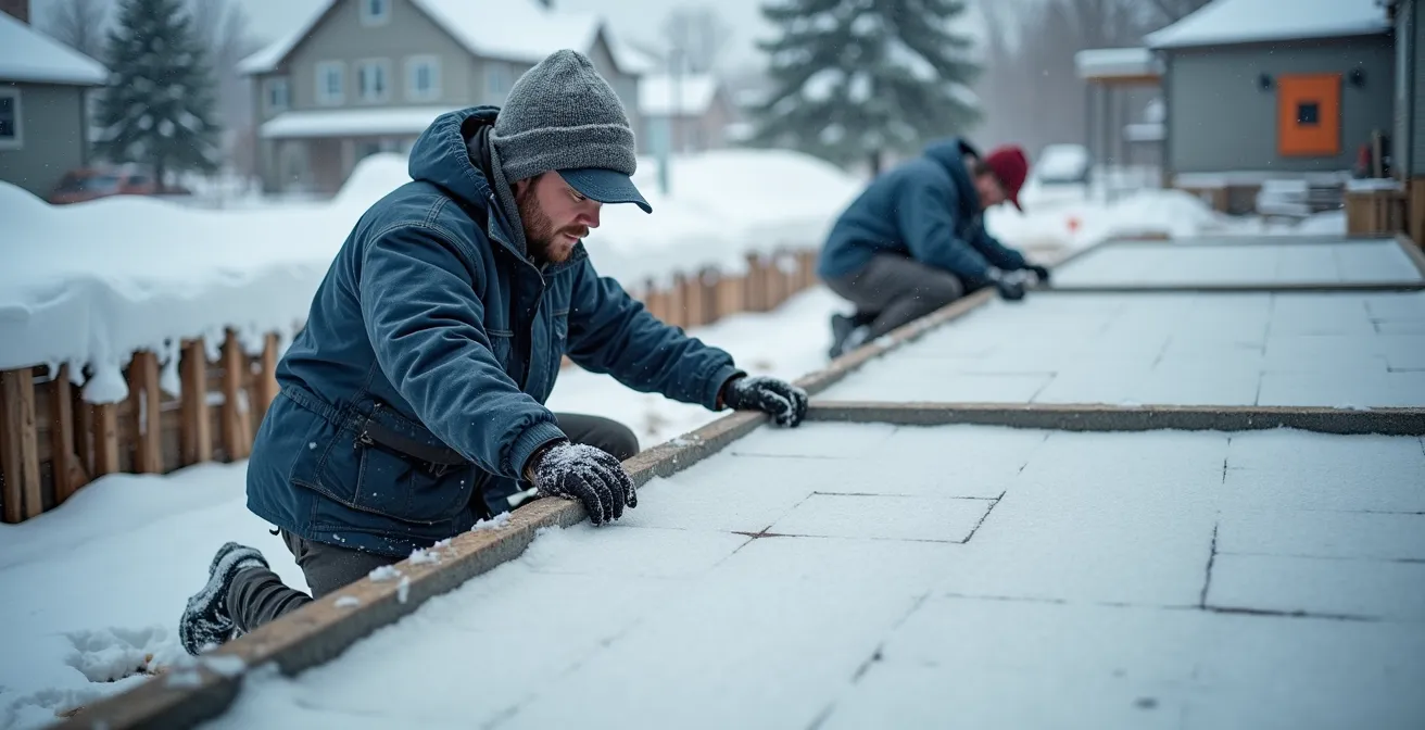 Chantier de construction hivernal avec système de protection thermique pour béton de fondation