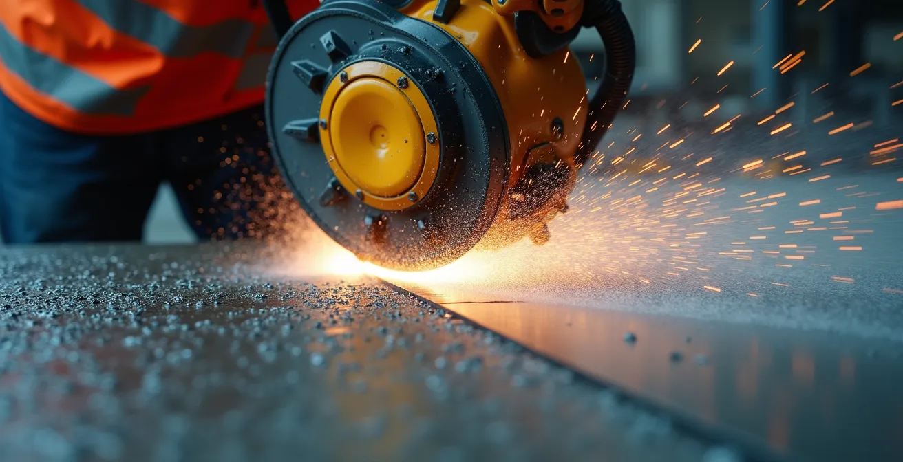 Système d'arrosage continu lors du sciage de béton avec travailleur portant un masque P100