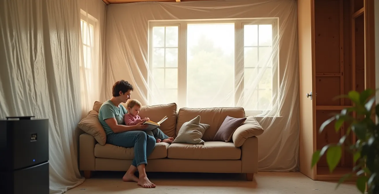 Intérieur de maison avec système de protection contre la poussière pendant des travaux de rénovation majeure