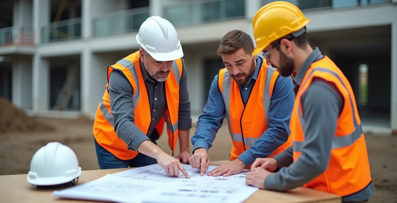 Réunion collaborative entre architecte et entrepreneur sur un chantier de construction commerciale