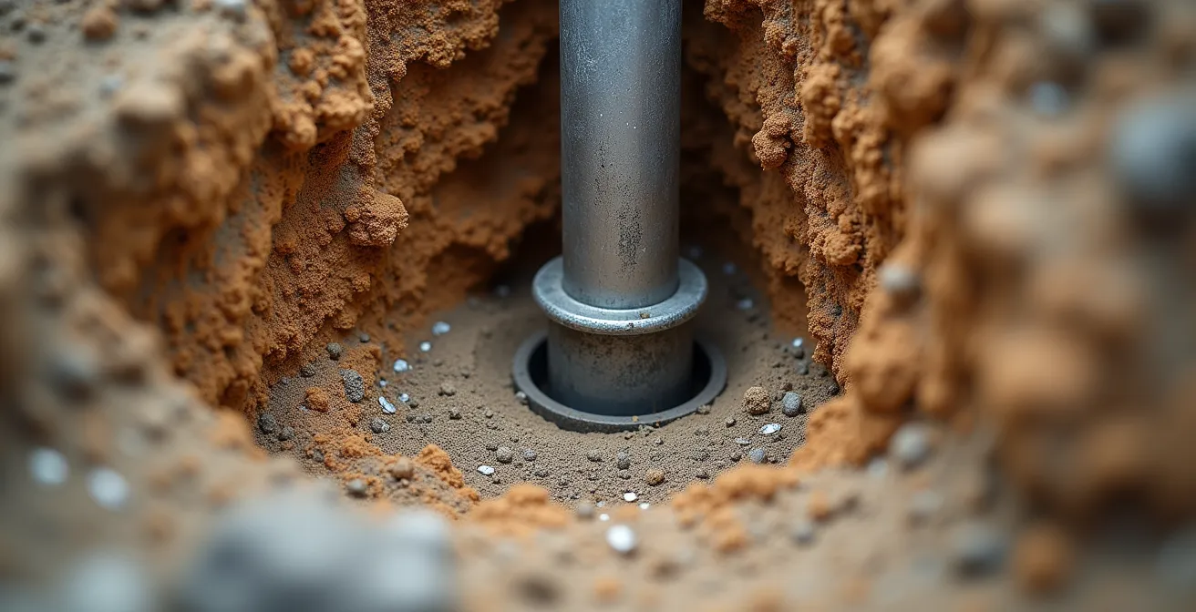 Coupe transversale montrant le scellement d'un puits avec bentonite sur 5 mètres de profondeur