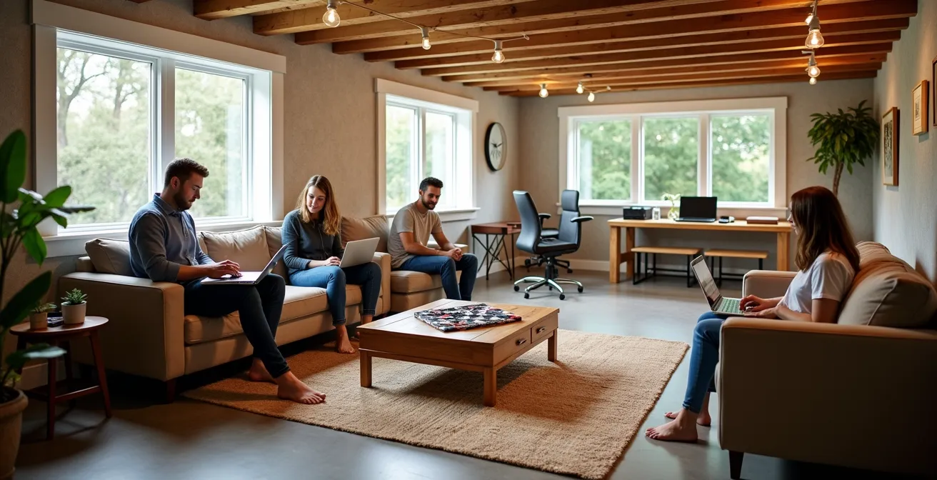 Sous-sol rénové moderne avec finitions de qualité et éclairage naturel abondant