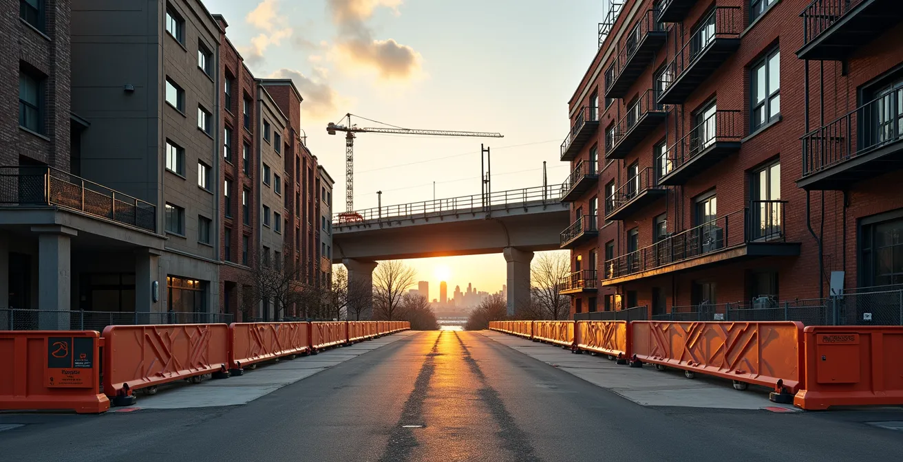 Vue moderne d'une station de transport avec des développements résidentiels en construction