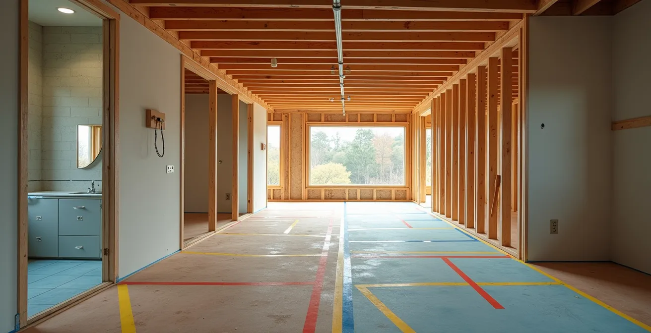 Plan de chantier montrant la division en zones de travail avec codes couleur pour optimiser les délais