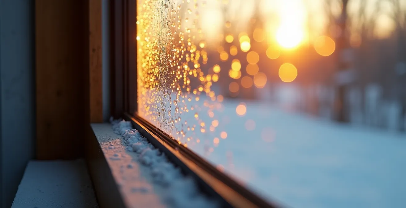 Vue rapprochée d'un intercalaire noir exposé au soleil hivernal montrant le contraste thermique